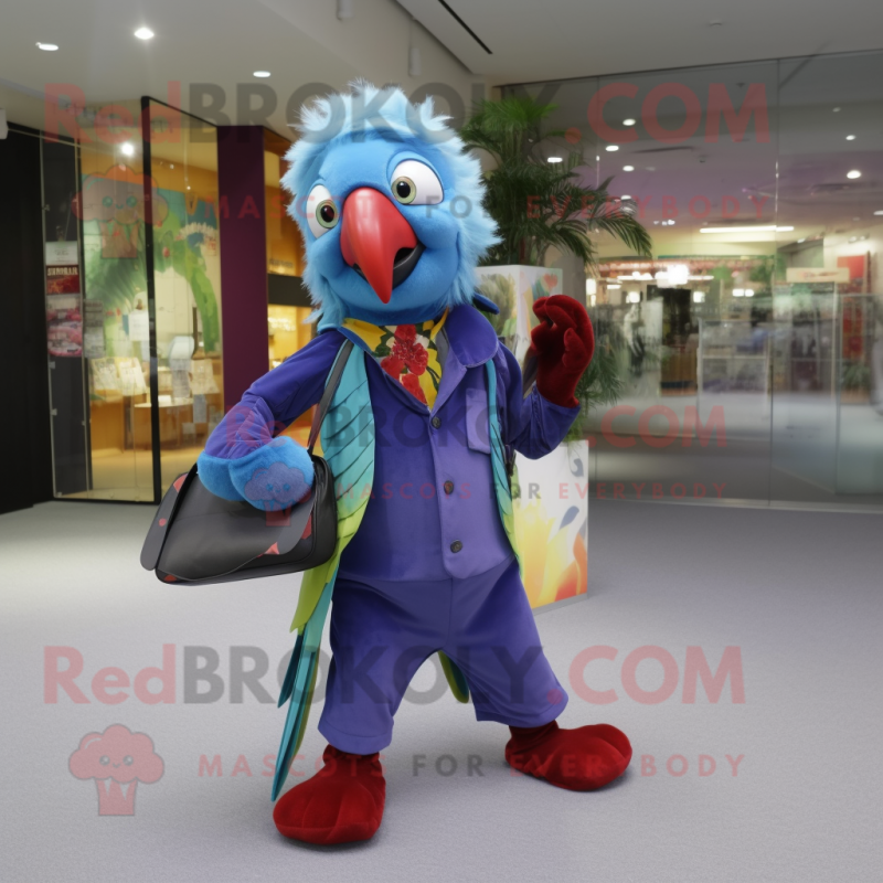 Lavender Macaw mascot costume character dressed with a Overalls and Clutch bags Lavender Macaw mascot costume character dressed with a Overalls and Clutch bags