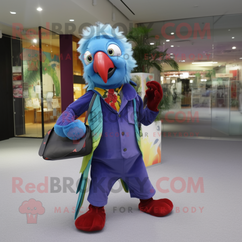 Lavender Macaw mascot costume character dressed with a Overalls and Clutch bags