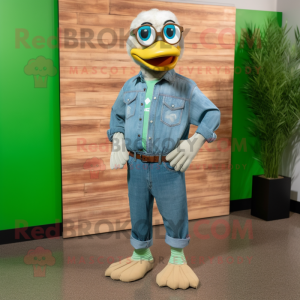 Green Goose mascot costume character dressed with a Chambray Shirt and Sunglasses