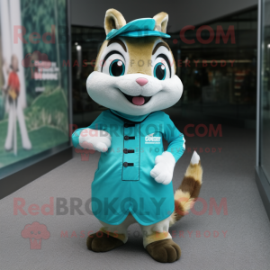 Cyan Chipmunk mascot costume character dressed with a Wrap Skirt and Shoe laces