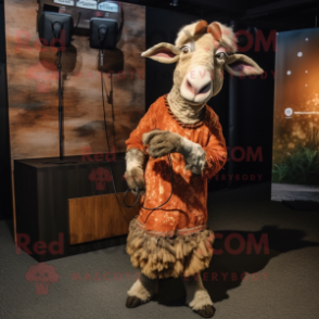 Rust Goat mascot costume character dressed with a Wrap Dress and Earrings