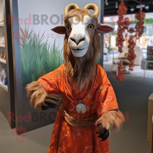 Rust Goat mascot costume character dressed with a Wrap Dress and Earrings