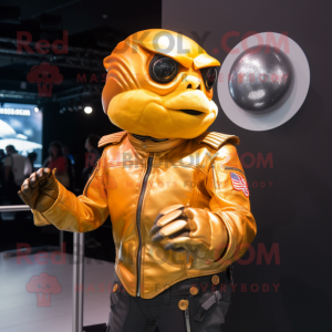 Gold Goldfish mascot costume character dressed with a Moto Jacket and Gloves