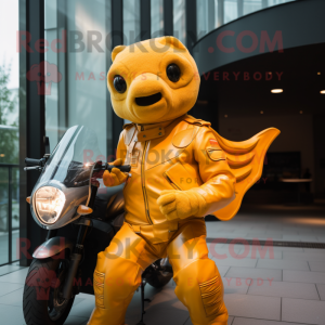 Gold Goldfish mascot costume character dressed with a Moto Jacket and Gloves
