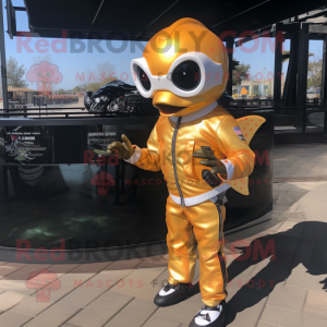 Gold Goldfish mascot costume character dressed with a Moto Jacket and Gloves