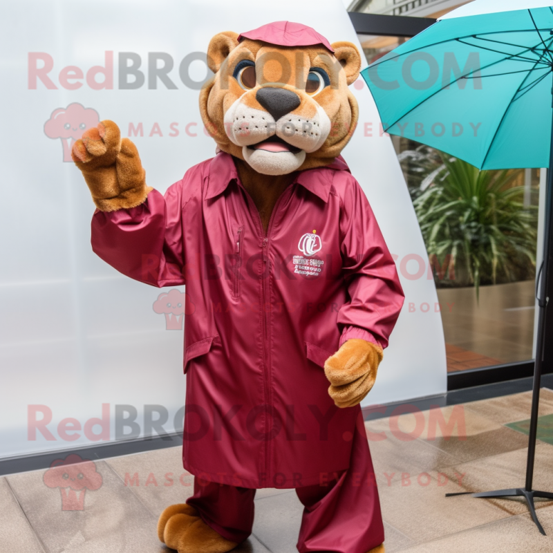 Maroon Mountain Lion mascot costume character dressed with a Raincoat and Cufflinks Maroon Mountain Lion mascot costume character dressed with a Raincoat and Cufflinks