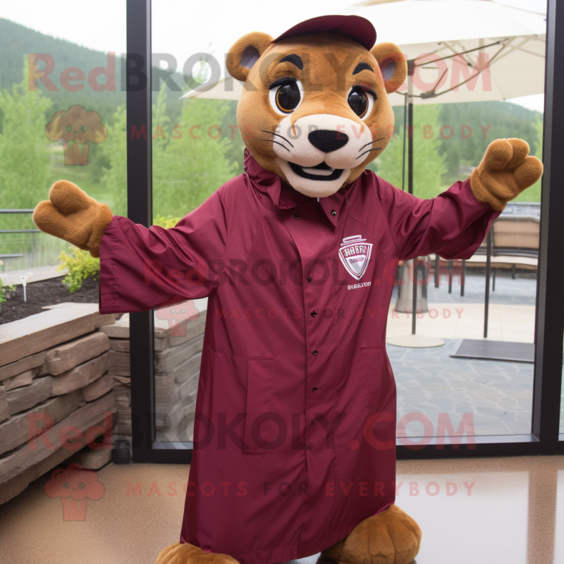 Maroon Mountain Lion mascot costume character dressed with a Raincoat and Cufflinks Maroon Mountain Lion mascot costume character dressed with a Raincoat and Cufflinks
