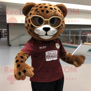 Brown Jaguar mascot costume character dressed with a Jeggings and Reading glasses
