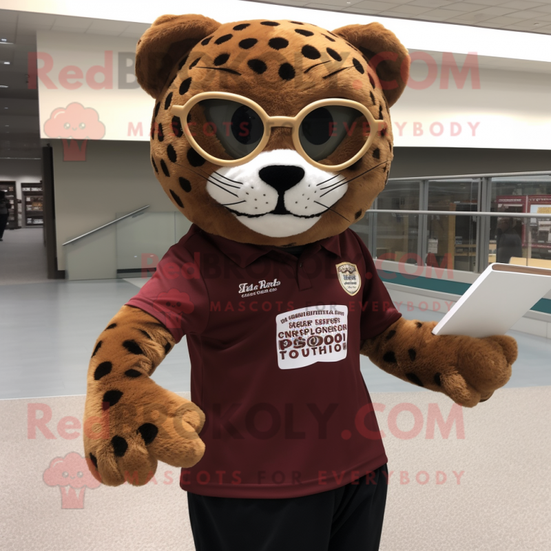 Brown Jaguar mascot costume character dressed with a Jeggings and Reading glasses