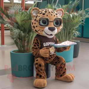 Brown Jaguar mascot costume character dressed with a Jeggings and Reading glasses