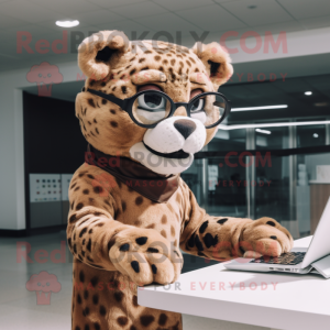 Brown Jaguar mascot costume character dressed with a Jeggings and Reading glasses