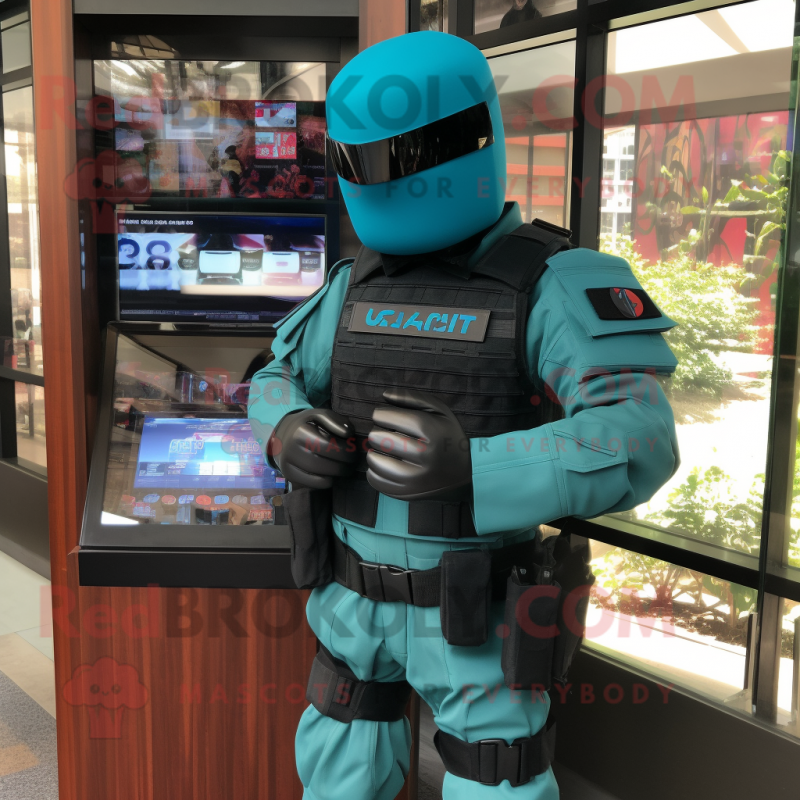 Teal Gi Joe mascot costume character dressed with a T-Shirt and Wallets Teal Gi Joe mascot costume character dressed with a T-Shirt and Wallets