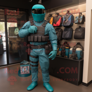 Teal Gi Joe mascot costume character dressed with a T-Shirt and Wallets