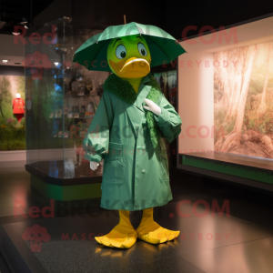 Green Geese mascot costume character dressed with a Raincoat and Hat pins