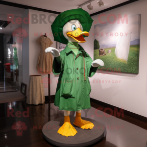 Green Geese mascot costume character dressed with a Raincoat and Hat pins