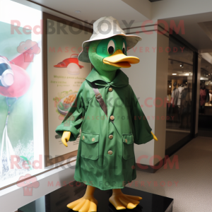 Green Geese mascot costume character dressed with a Raincoat and Hat pins