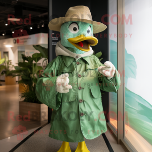 Green Geese mascot costume character dressed with a Raincoat and Hat pins