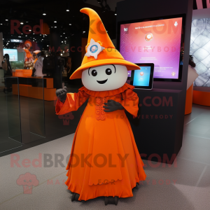 Orange Witch'S Hat mascot costume character dressed with a Midi Dress and Smartwatches