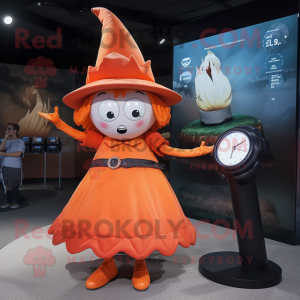 Orange Witch'S Hat mascot costume character dressed with a Midi Dress and Smartwatches