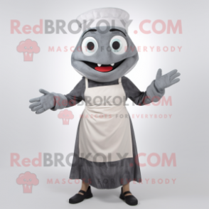 Gray Ceviche mascot costume character dressed with a Dress and Gloves