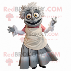 Gray Ceviche mascot costume character dressed with a Dress and Gloves