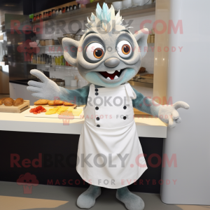 Gray Ceviche mascot costume character dressed with a Dress and Gloves