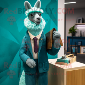 Teal Llama mascot costume character dressed with a Blazer and Clutch bags