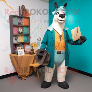 Teal Llama mascot costume character dressed with a Blazer and Clutch bags