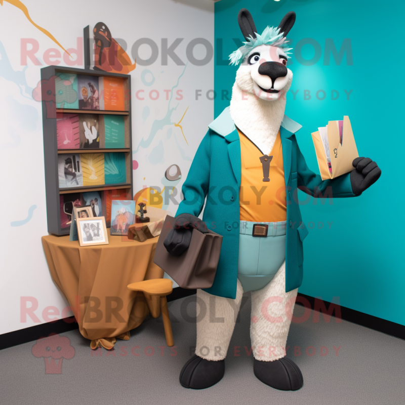 Teal Llama mascot costume character dressed with a Blazer and Clutch bags