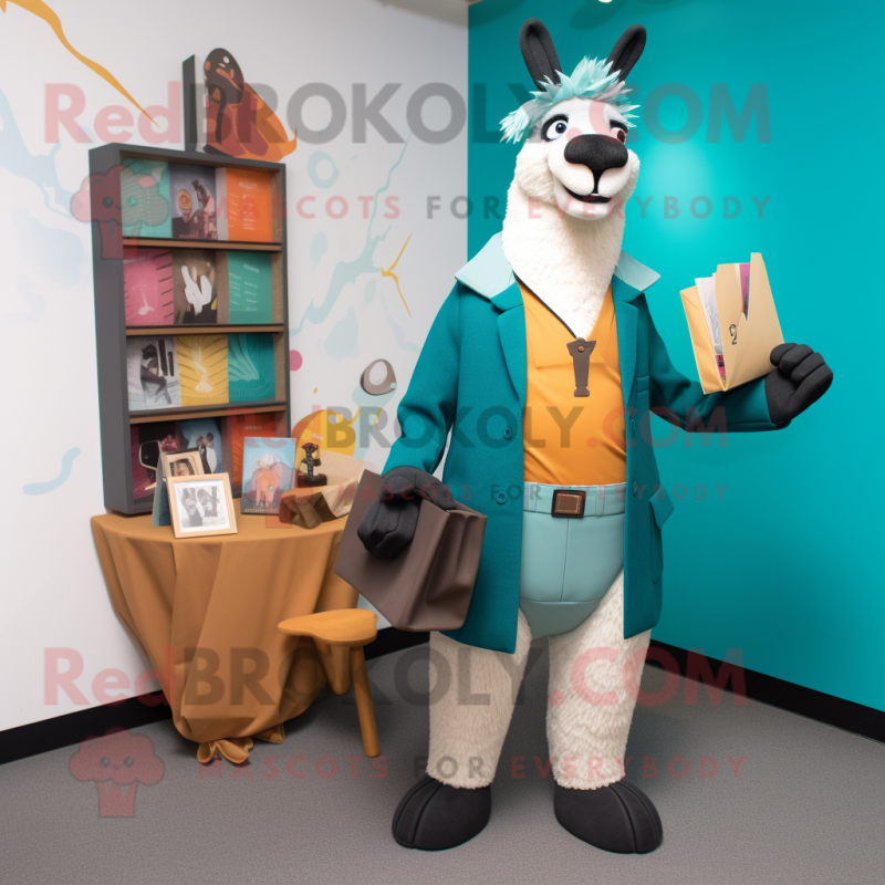 Teal Llama mascot costume character dressed with a Blazer and Clutch bags Teal Llama mascot costume character dressed with a Blazer and Clutch bags