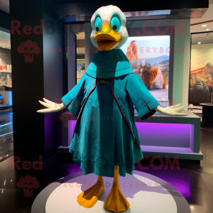 Teal Muscovy Duck mascot costume character dressed with a Mini Skirt and Shawls