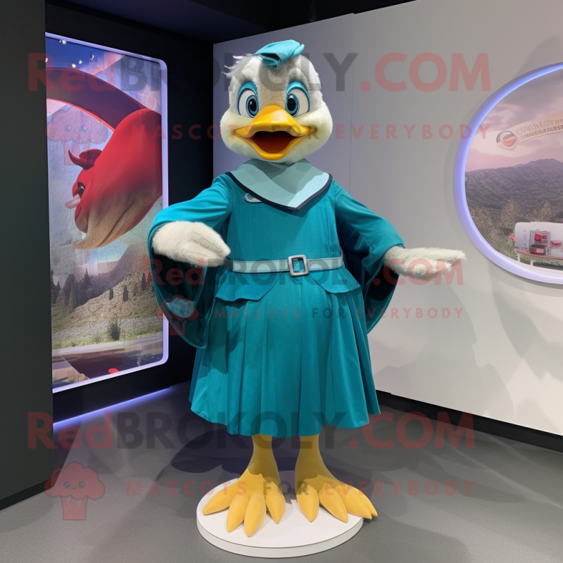 Teal Muscovy Duck mascot costume character dressed with a Mini Skirt and Shawls Teal Muscovy Duck mascot costume character dressed with a Mini Skirt and Shawls