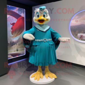 Teal Muscovy Duck mascot costume character dressed with a Mini Skirt and Shawls