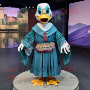 Teal Muscovy Duck mascot costume character dressed with a Mini Skirt and Shawls