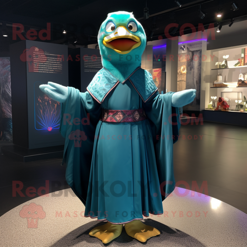 Teal Muscovy Duck mascot costume character dressed with a Mini Skirt and Shawls Teal Muscovy Duck mascot costume character dressed with a Mini Skirt and Shawls
