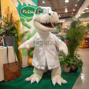 White T Rex mascot costume character dressed with a Romper and Tote bags