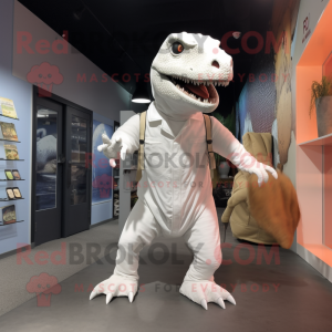 White T Rex mascot costume character dressed with a Romper and Tote bags