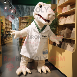 White T Rex mascot costume character dressed with a Romper and Tote bags
