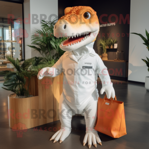 White T Rex mascot costume character dressed with a Romper and Tote bags