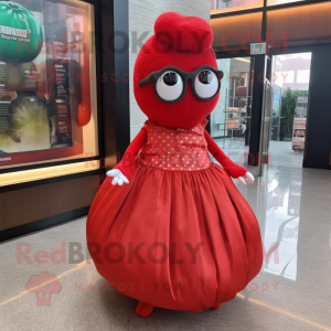 Red Meatballs mascot costume character dressed with a Ball Gown and Reading glasses