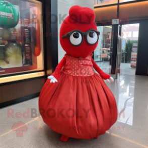 Red Meatballs mascot costume character dressed with a Ball Gown and Reading glasses