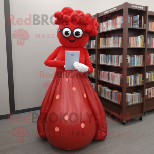 Red Meatballs mascot costume character dressed with a Ball Gown and Reading glasses