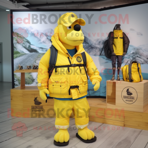 Yellow Navy Seal mascot costume character dressed with a Windbreaker and Handbags