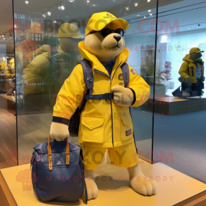 Yellow Navy Seal mascot costume character dressed with a Windbreaker and Handbags
