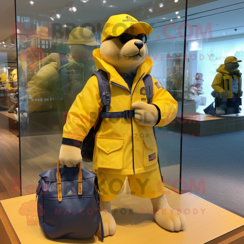Yellow Navy Seal mascot costume character dressed with a Windbreaker and Handbags Yellow Navy Seal mascot costume character dressed with a Windbreaker and Handbags