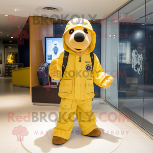 Yellow Navy Seal mascot costume character dressed with a Windbreaker and Handbags