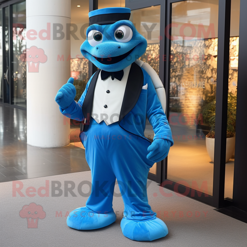 Blue Turtle mascot costume character dressed with a Evening Gown and Bow ties