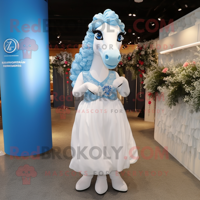 Sky Blue Horseshoe mascot costume character dressed with a Wedding Dress and Headbands