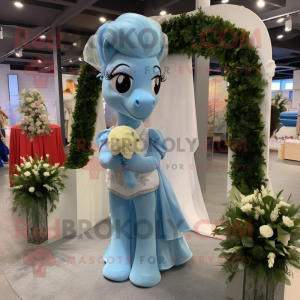 Sky Blue Horseshoe mascot costume character dressed with a Wedding Dress and Headbands