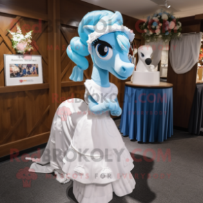 Sky Blue Horseshoe mascot costume character dressed with a Wedding Dress and Headbands